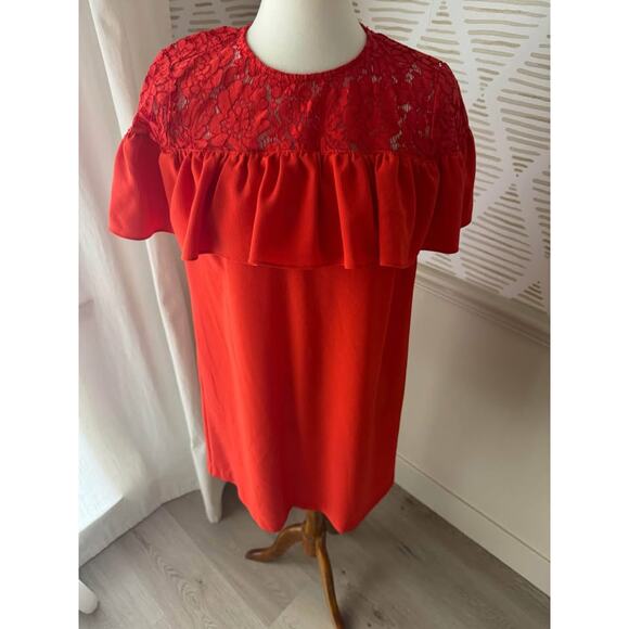 H&M Women’s Size 8 Medium Red Lace Ruffle Shift Dress - Picture 2 of 5